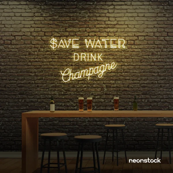 Save Water Drink Champagne neon sign in warm white for party kitchens, wine bars, and bubbly wall decor.
