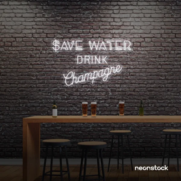 Save Water Drink Champagne neon sign in white for party kitchens, wine bars, and bubbly wall decor.