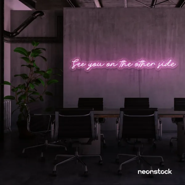 See You On The Other Side neon sign in baby pink for retro decor, gaming setups, and ambient lighting.