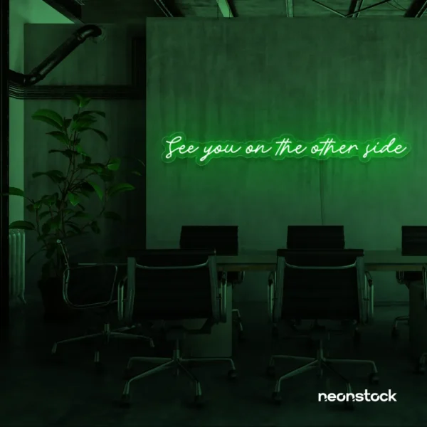 See You On The Other Side neon sign in deep green for retro decor, gaming setups, and ambient lighting.