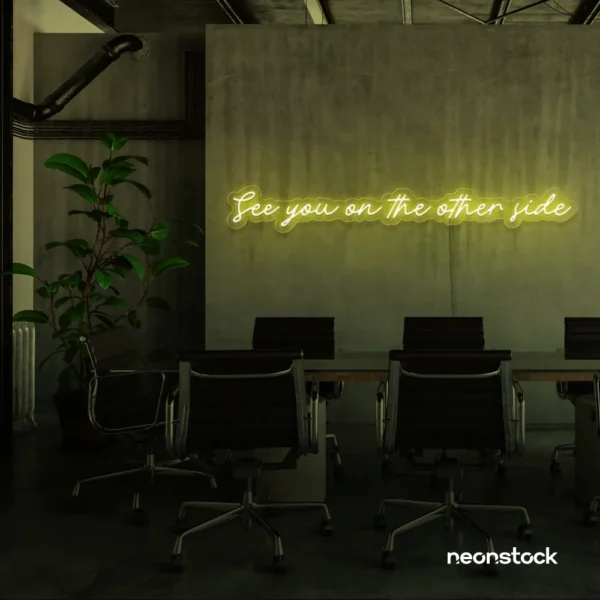 See You On The Other Side neon sign in lemon yellow for retro decor, gaming setups, and ambient lighting.