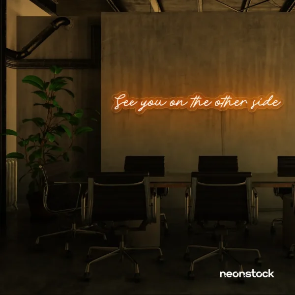 See You On The Other Side neon sign in orange for retro decor, gaming setups, and ambient lighting.