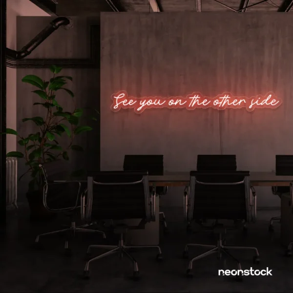 See You On The Other Side neon sign in peachy pink for retro decor, gaming setups, and ambient lighting.