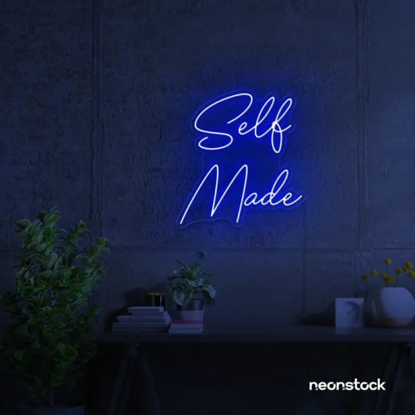 Self Made neon sign in dark blue for home offices, studios, and entrepreneur decor.
