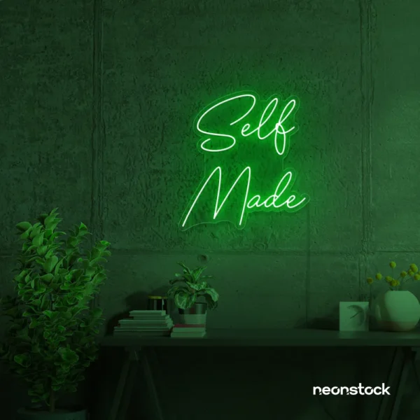 Self Made neon sign in deep green for home offices, studios, and entrepreneur decor.