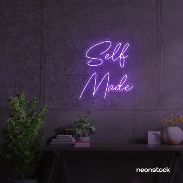 Self Made neon sign in purple for home offices, studios, and entrepreneur decor.