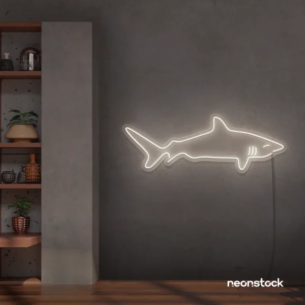 Shark neon sign in neutral white for kids' rooms, ocean-themed decor, and fun playroom walls.