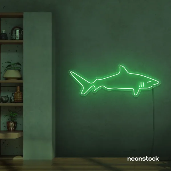 Shark neon sign in green for kids' rooms, ocean-themed decor, and fun playroom walls.