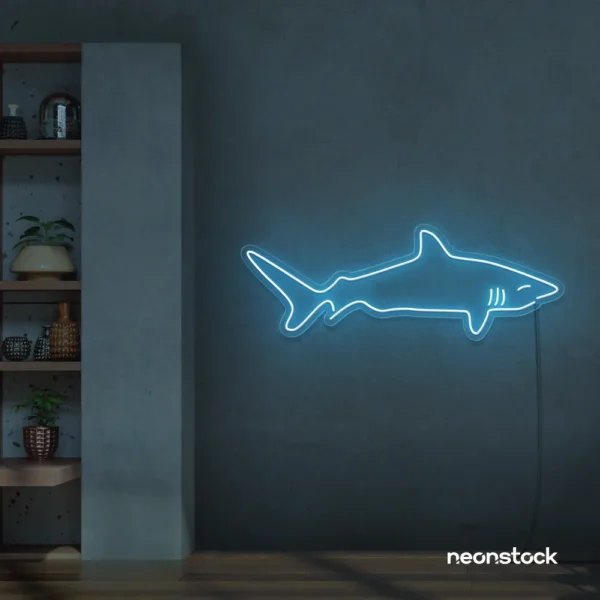 Shark neon sign in ice blue for kids' rooms, ocean-themed decor, and fun playroom walls.