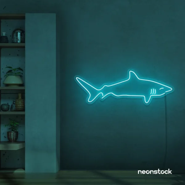 Shark neon sign in mint green for kids' rooms, ocean-themed decor, and fun playroom walls.