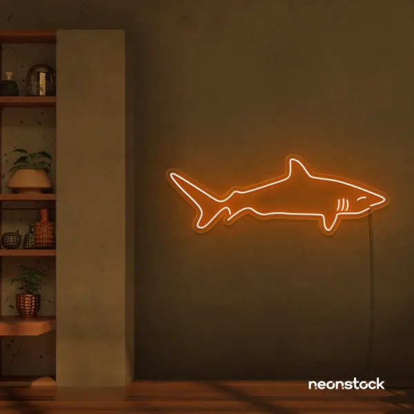 Shark neon sign in orange for kids' rooms, ocean-themed decor, and fun playroom walls.