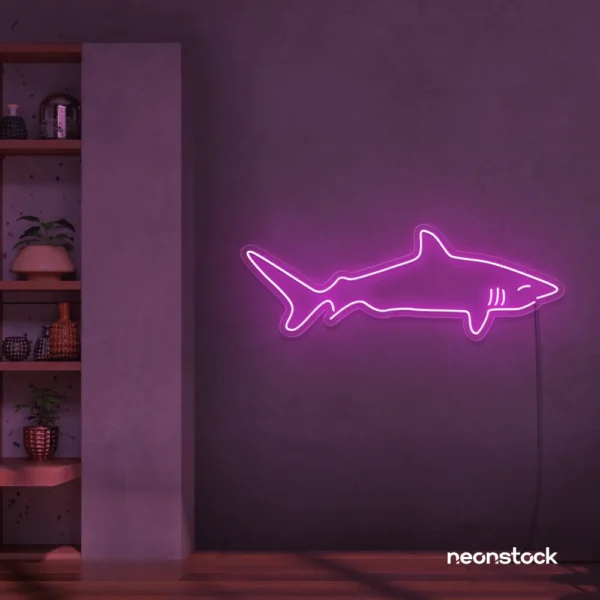 Shark neon sign in pink for kids' rooms, ocean-themed decor, and fun playroom walls.