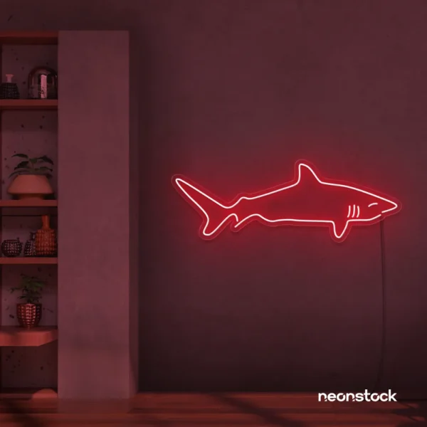 Shark neon sign in red for kids' rooms, ocean-themed decor, and fun playroom walls.