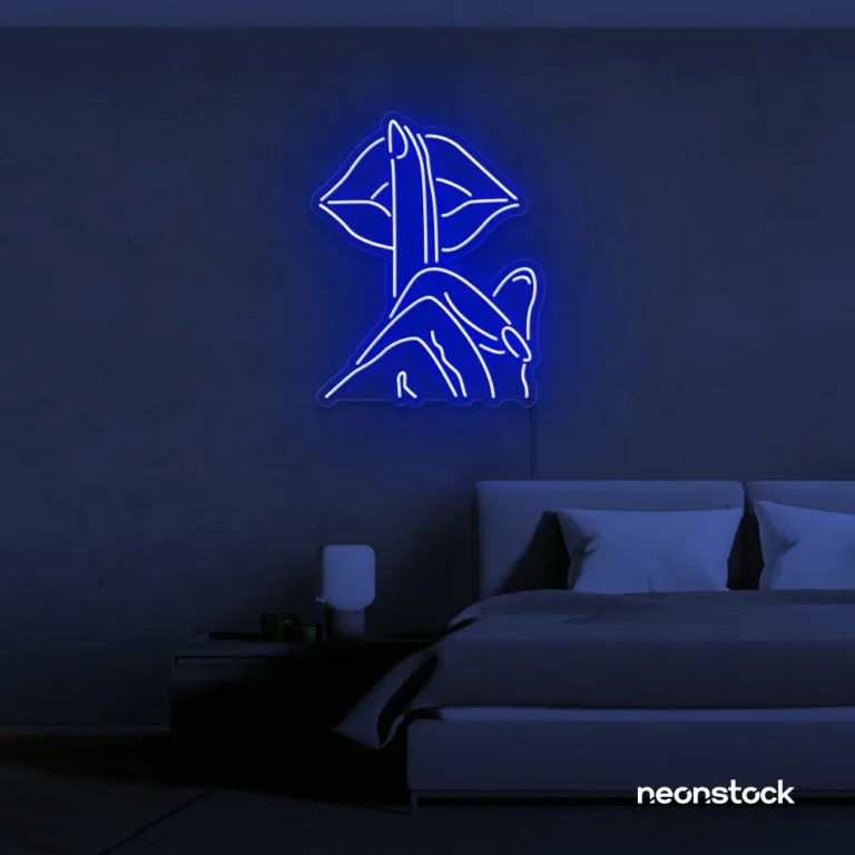 Shushing lips neon sign in dark blue for beauty salons, glam rooms, and bold home decor.