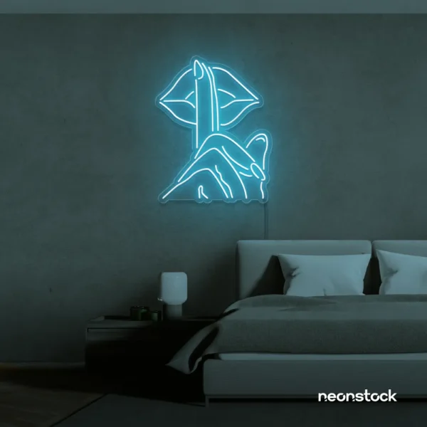 Shushing lips neon sign in ice blue for beauty salons, glam rooms, and bold home decor.