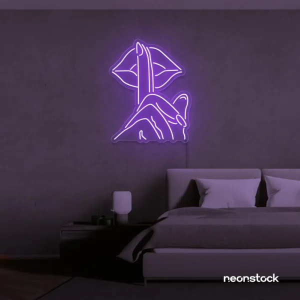 Shushing lips neon sign in purple for beauty salons, glam rooms, and bold home decor.