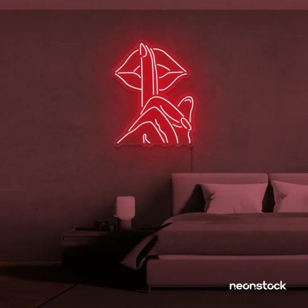 Shushing lips neon sign in red for beauty salons, glam rooms, and bold home decor.