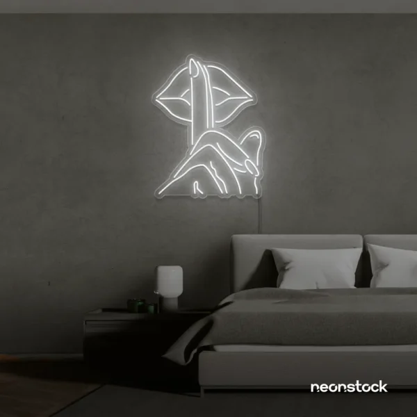 Shushing lips neon sign in white for beauty salons, glam rooms, and bold home decor.