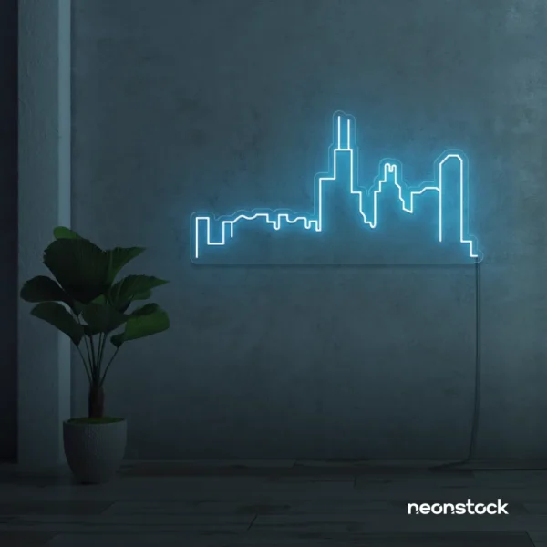Skyline neon sign in ice blue for modern wall decor