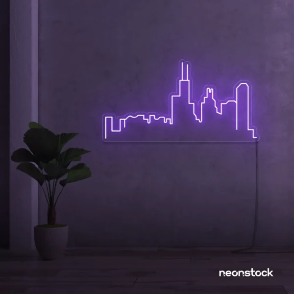 Skyline neon sign in purple for modern wall decor