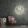 Smiley face neon sign in neutral white for dorm walls, teen rooms, and joyful room decor.
