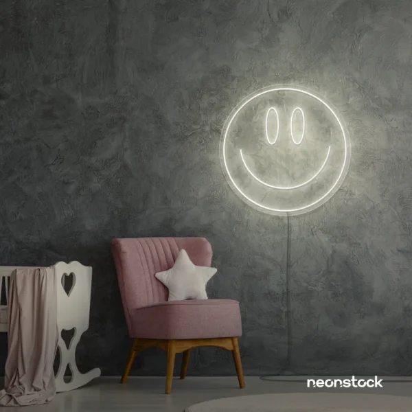 Smiley face neon sign in neutral white for dorm walls, teen rooms, and joyful room decor.