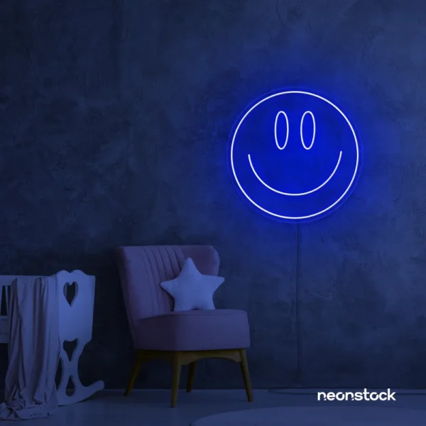 Smiley face neon sign in dark blue for dorm walls, teen rooms, and joyful room decor.