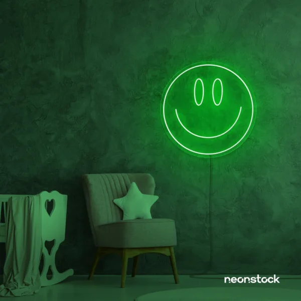 Smiley face neon sign in deep green for dorm walls, teen rooms, and joyful room decor.