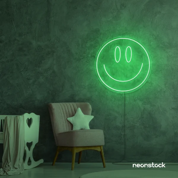Smiley face neon sign in green for dorm walls, teen rooms, and joyful room decor.