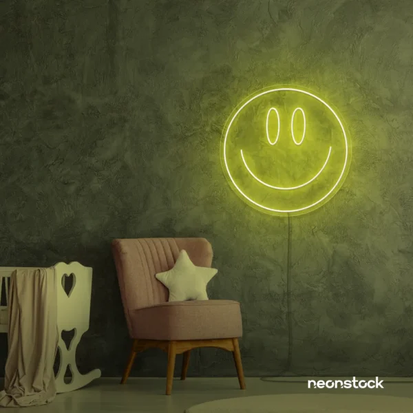 Smiley face neon sign in lemon yellow for dorm walls, teen rooms, and joyful room decor.
