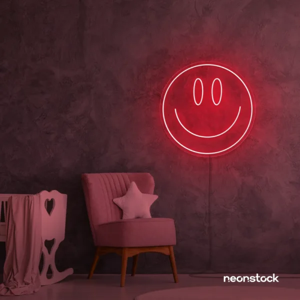 Smiley face neon sign in red for dorm walls, teen rooms, and joyful room decor.