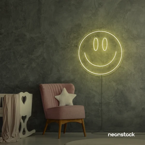 Smiley face neon sign in warm white for dorm walls, teen rooms, and joyful room decor.