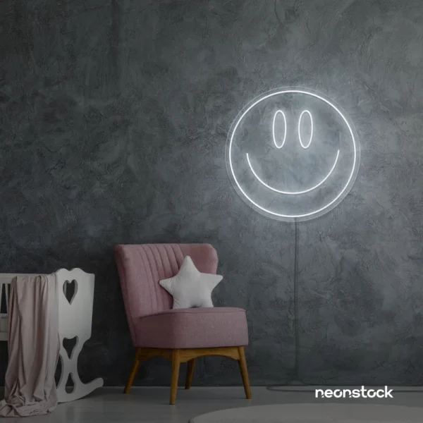Smiley face neon sign in white for dorm walls, teen rooms, and joyful room decor.