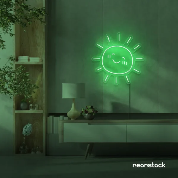 Sun neon sign in green for kids' rooms, nurseries, and cheerful home decor.