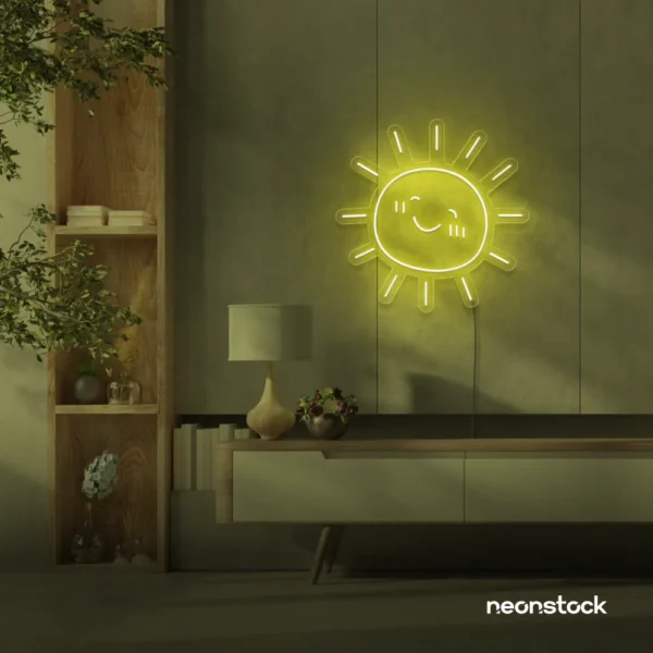 Sun neon sign in lemon yellow for kids' rooms, nurseries, and cheerful home decor.