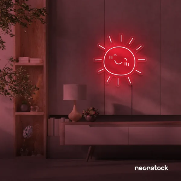 Sun neon sign in red for kids' rooms, nurseries, and cheerful home decor.