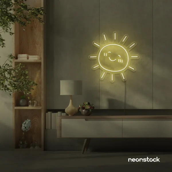 Sun neon sign in warm white for kids' rooms, nurseries, and cheerful home decor.