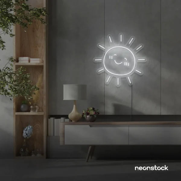 Sun neon sign in white for kids' rooms, nurseries, and cheerful home decor.