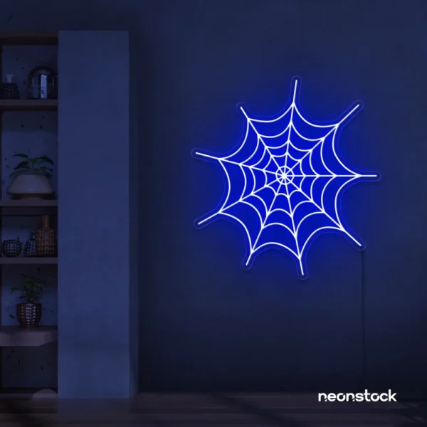 Spider web neon sign in dark blue for kids room wall decor or Halloween-themed spaces