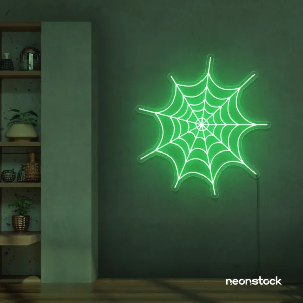 Spider web neon sign in green for kids room wall decor or Halloween-themed spaces