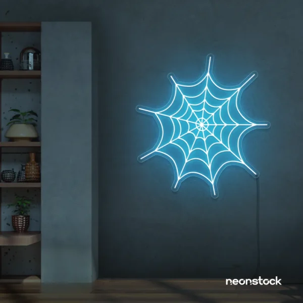 Spider web neon sign in ice blue for kids room wall decor or Halloween-themed spaces