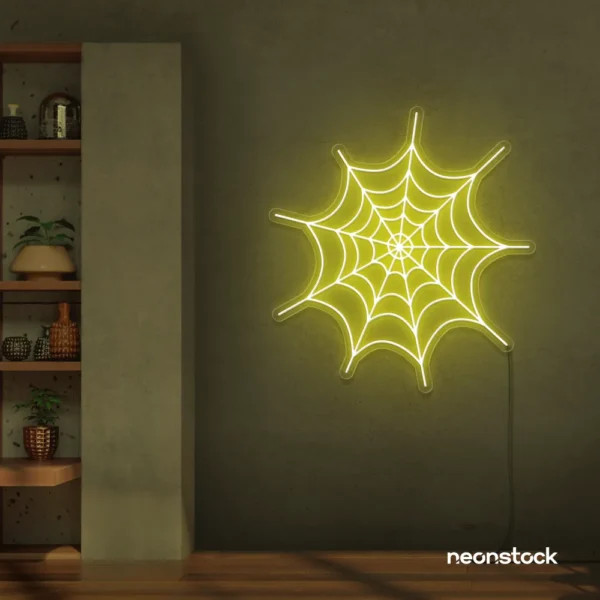 Spider web neon sign in lemon yellow for kids room wall decor or Halloween-themed spaces