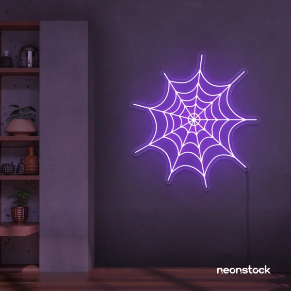Spider web neon sign in purple for kids room wall decor or Halloween-themed spaces