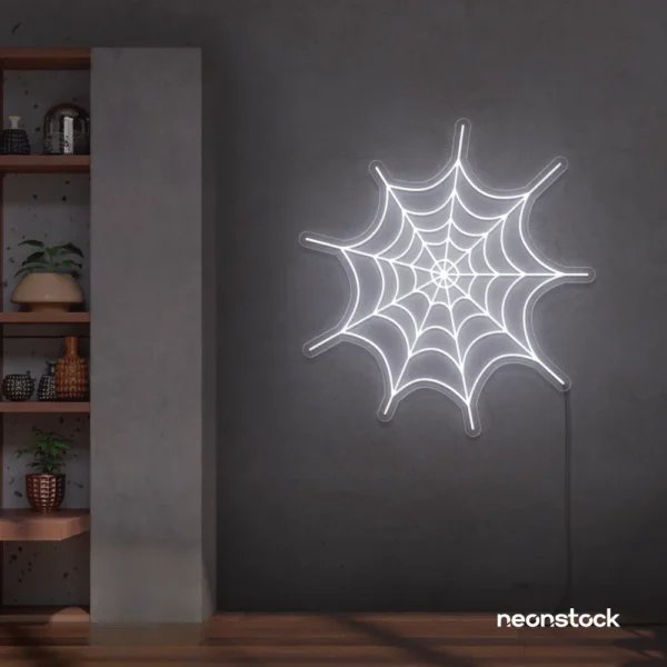 Spider web neon sign in white for kids room wall decor or Halloween-themed spaces