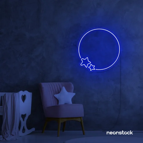 Dark blue neon circle with star accents mounted on a textured wall, ideal for cozy modern interiors.