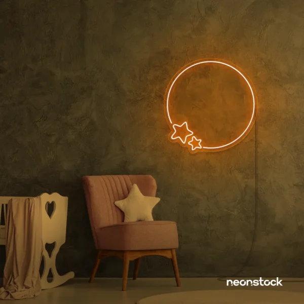 Orange star and circle neon sign glowing on wall – aesthetic LED decor for kids’ rooms and cozy interiors