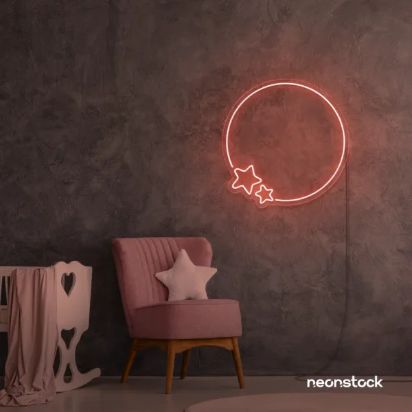 Peachy pink neon sign with stars and a circle – soft LED wall light for cozy home or nursery decor