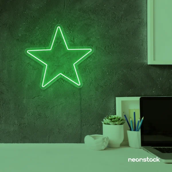 Star neon sign in green for kids' rooms, nursery walls, and bedtime light decor.