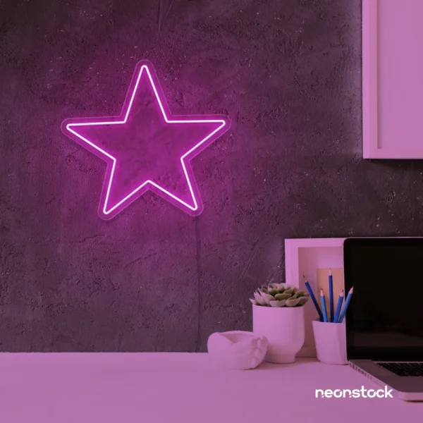 Star neon sign in pink for kids' rooms, nursery walls, and bedtime light decor.