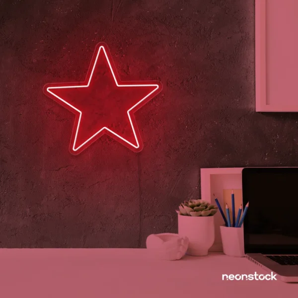 Star neon sign in red for kids' rooms, nursery walls, and bedtime light decor.